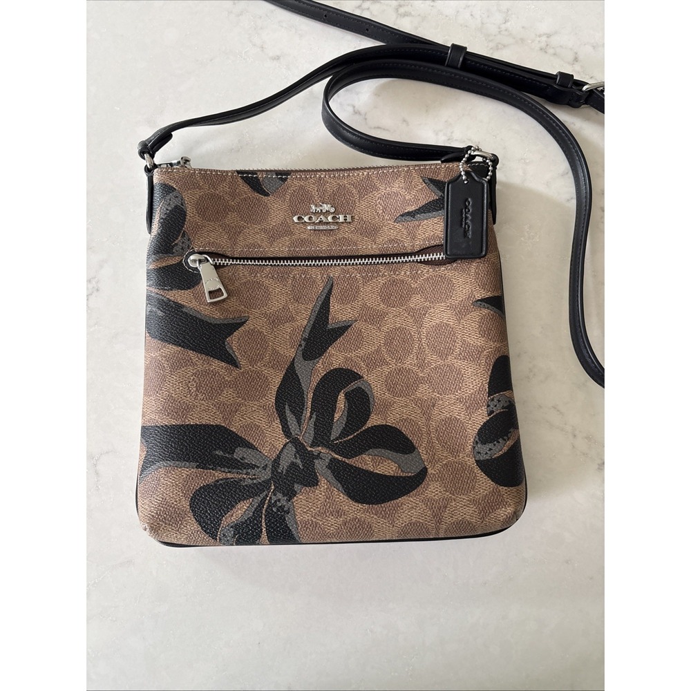 Coach Mini Rowan File Bag Brown Black Signature Canvas Bow Crossbody EXCELLENT